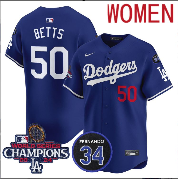 WomenMLB Los Angeles Dodgers 50 Betts blue2024 World Series Champions Patch Limited Jersey